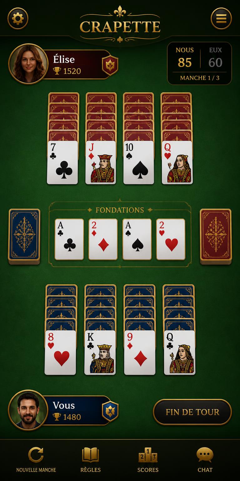 Écran de jeu d'AttAKQ sur iPhone : le plateau de Crapette